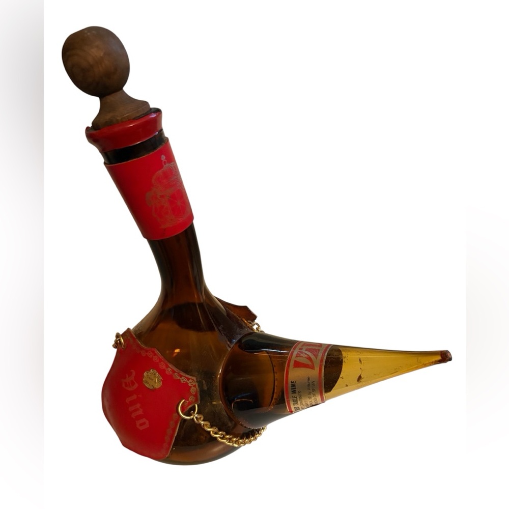 Vintage Viva Vino Glass Amber and Red Leather Wine Decanter Empty